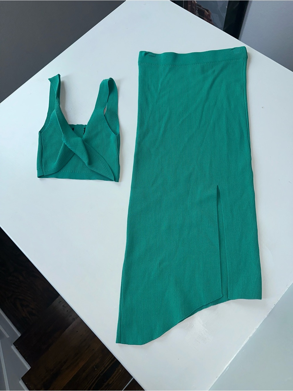 White Fox Boutique Teal Ribbed Midi Skirt with Matching Crop Top